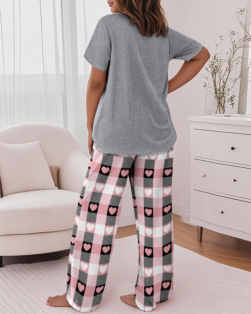 CHICME Womens Pajamas Sets 2 Piece Short Sleeve Lounge Set Printed Loose Pants Pj Sets Loungewear Set Heart Gray-L