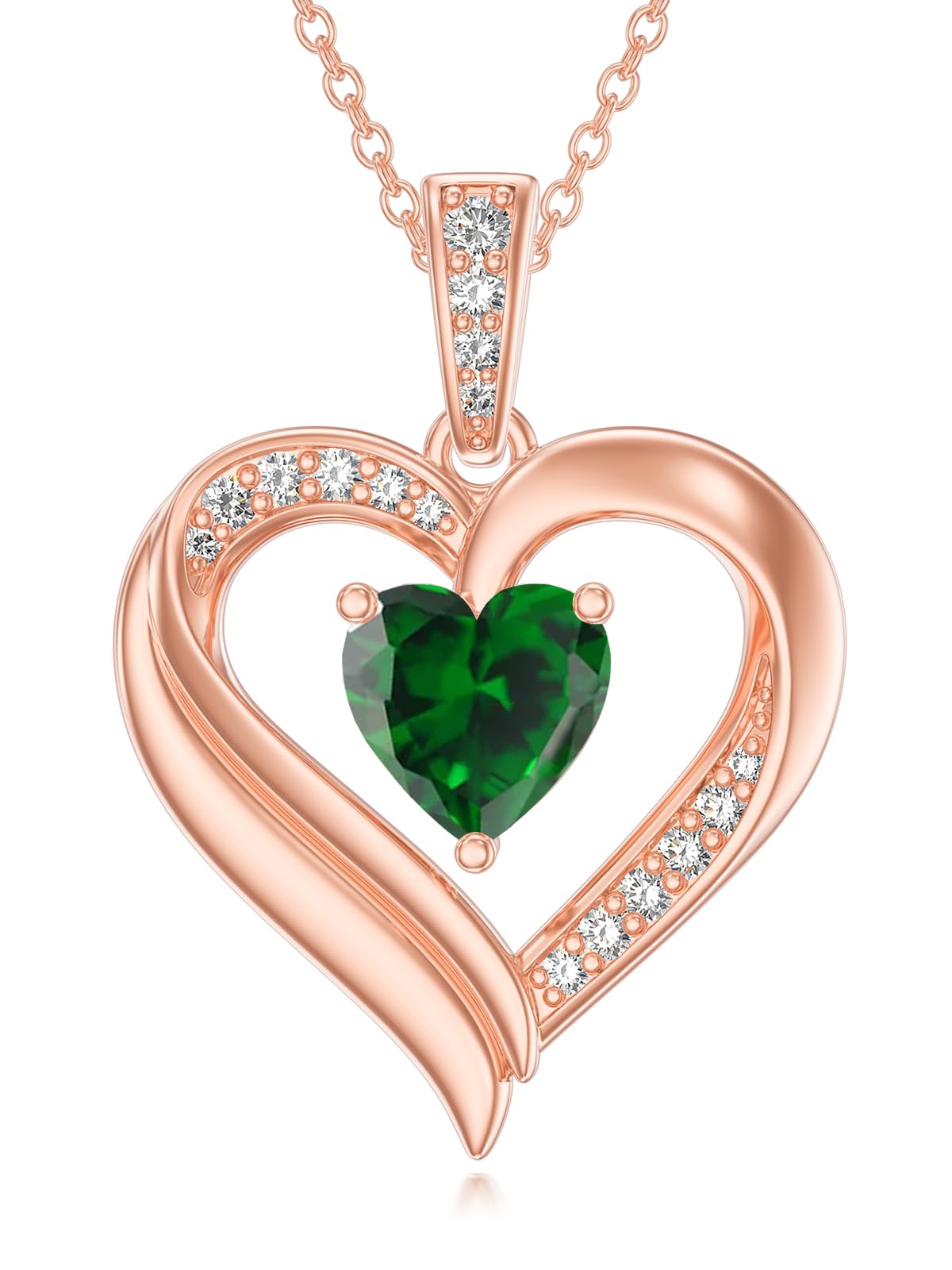 KQ&TTENG Necklace for Women Rose Gold Heart Emerald Pendant May Birthstone Necklace Jewellery Birthday Gifts for Wife Mother Her