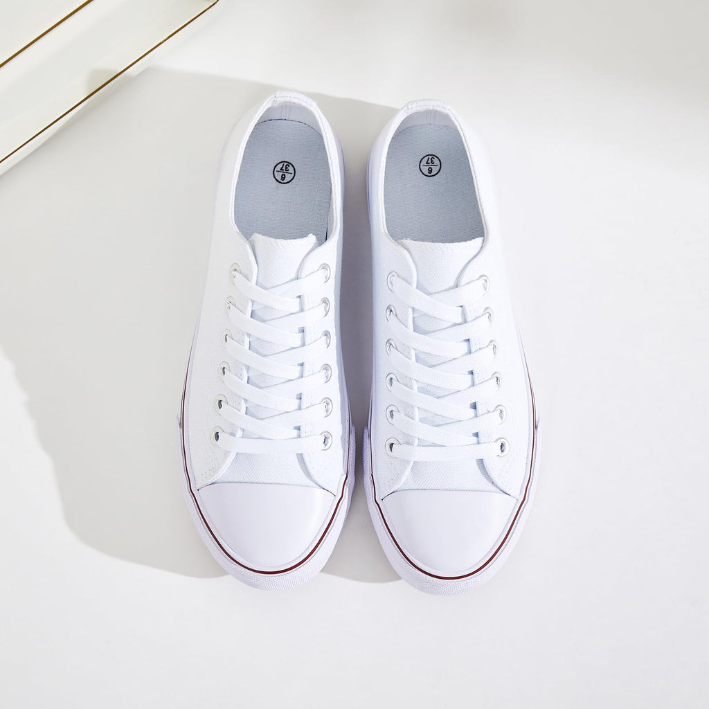 FRACORA Womens White Black Canvas Sneakers Low Top Canvas Shoes for Women Tennis Shoes(White,US8.5)