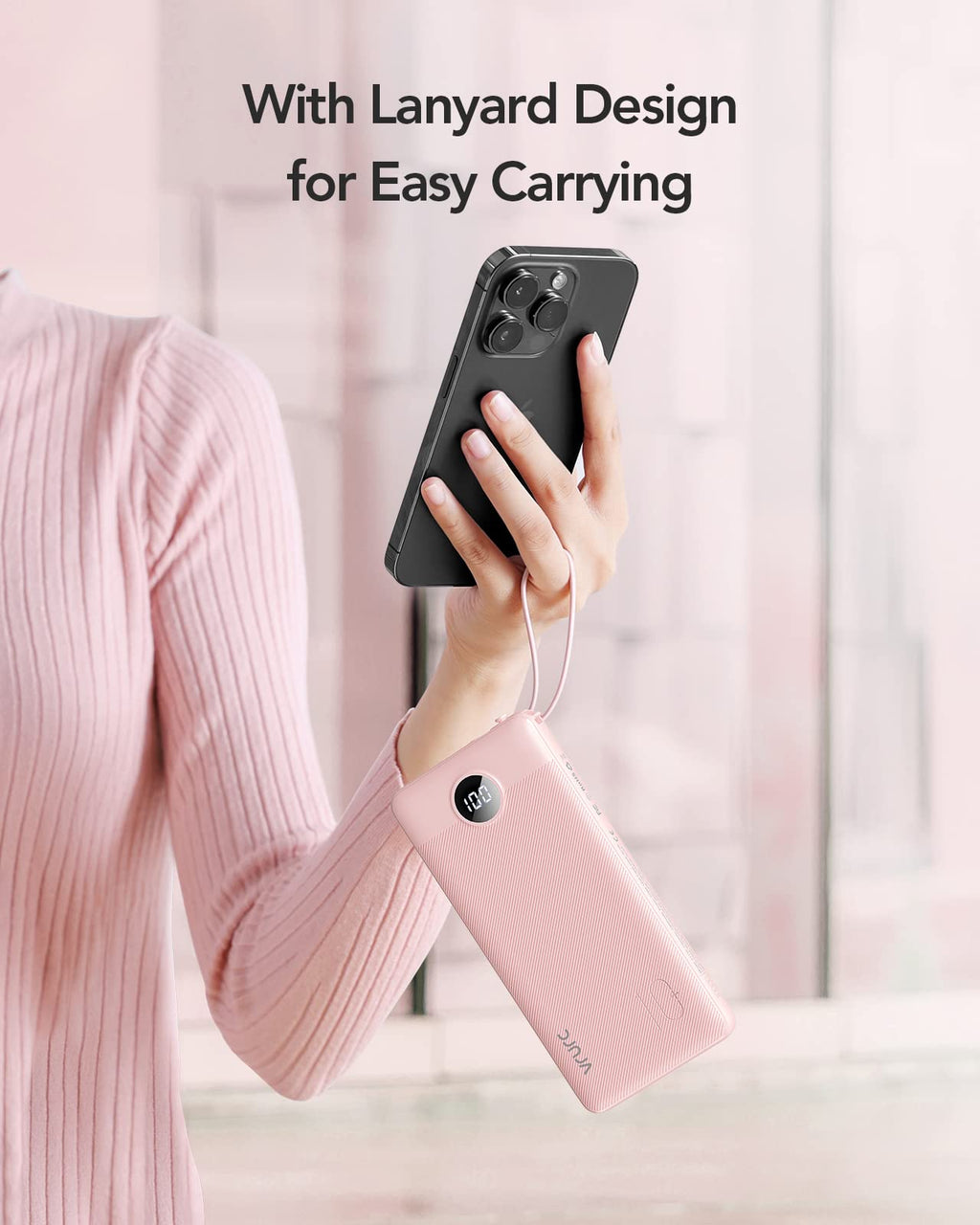 VRURC Portable Charger Power Bank, Built-in 4 Cables & 2 Ports,10000mAh Slim Battery Pack with LED Display, Travel Essential USB C Portable Phone Charger for iPhone 17 16 15, Samsung-Pink(1 Pack)
