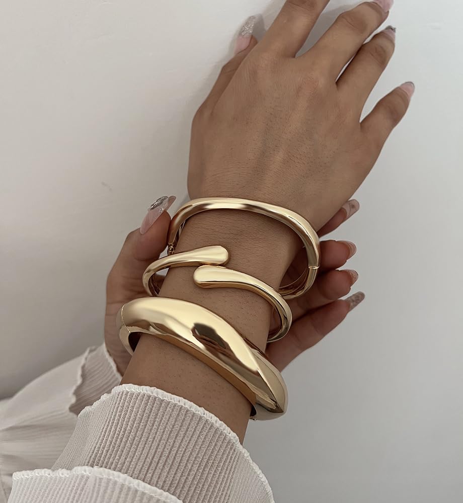 Chunky Gold Bangle Bracelets for Women, Dainty 14k Gold Plated Big Stackable Bangles Set, Trendy Cuff Bracelet Stack Fashion Jewelry Valentines Gifts for Wife Mom