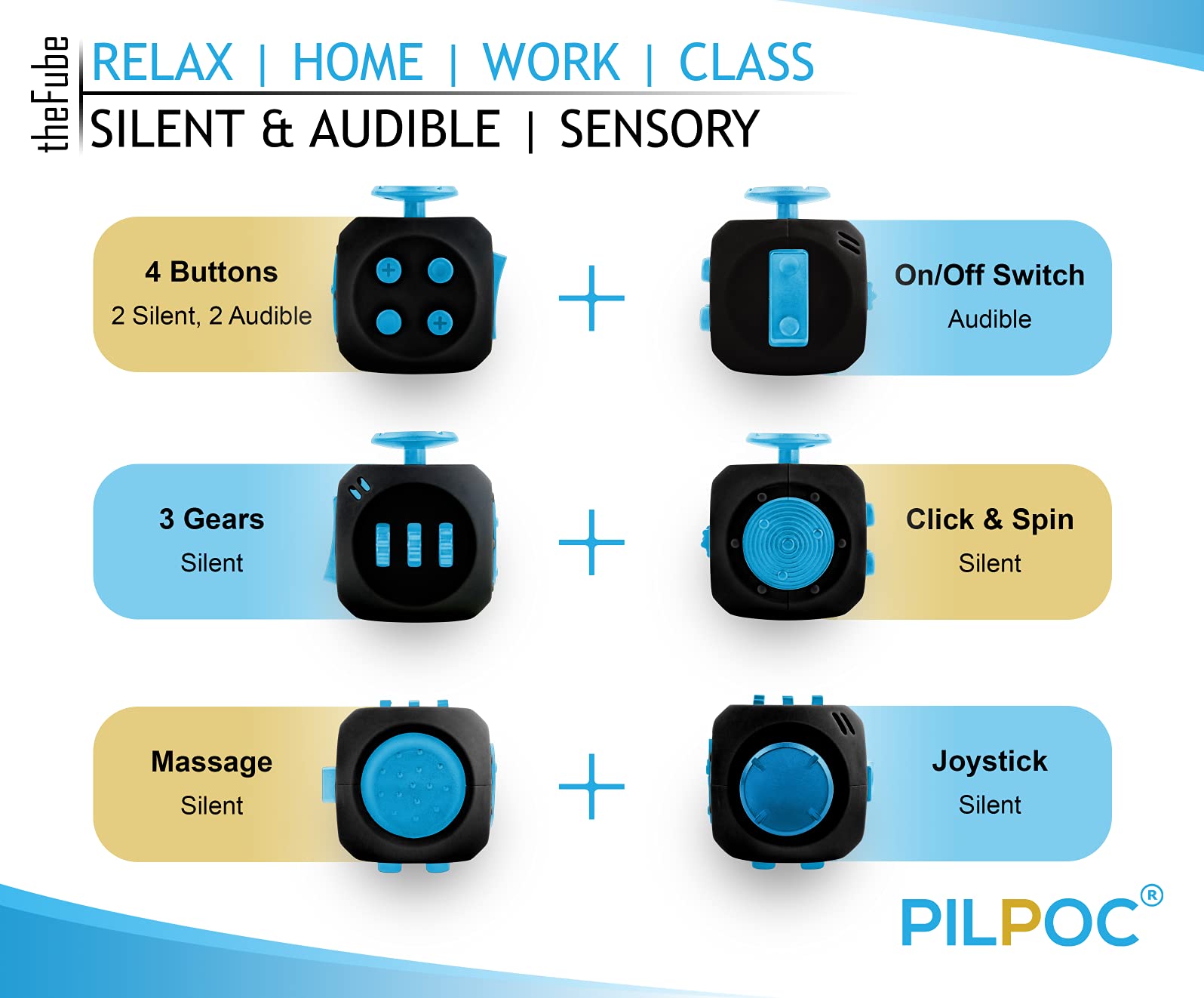 PILPOC theFube Fidget Cube, 6-Sided Stress Relief Infinity Cube for Adults & Kids, Boosts Concentration, Mindfulness Aid, Silent & Audible Modes, Stocking Suffers for Boys, Kids and Adults (Midnight)