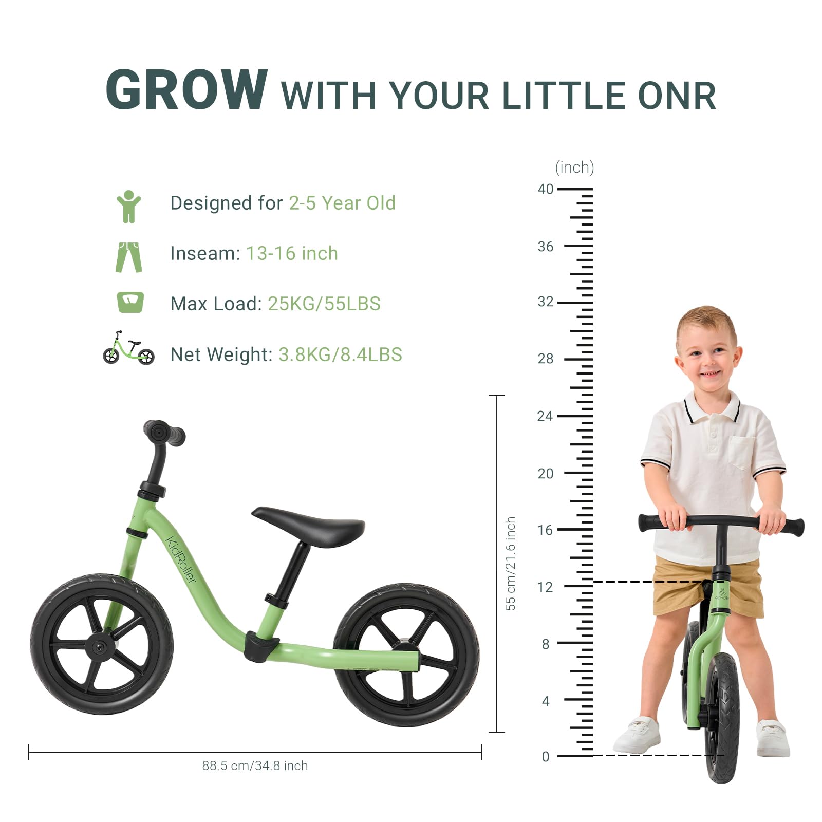 KidRoller 12 Inch Kids Balance Bike for 2-5 Years Old Toddler Single-arm Fork Design with Adjustable Soft Seat&Handlebar Best Gift Option for Kids (Green)