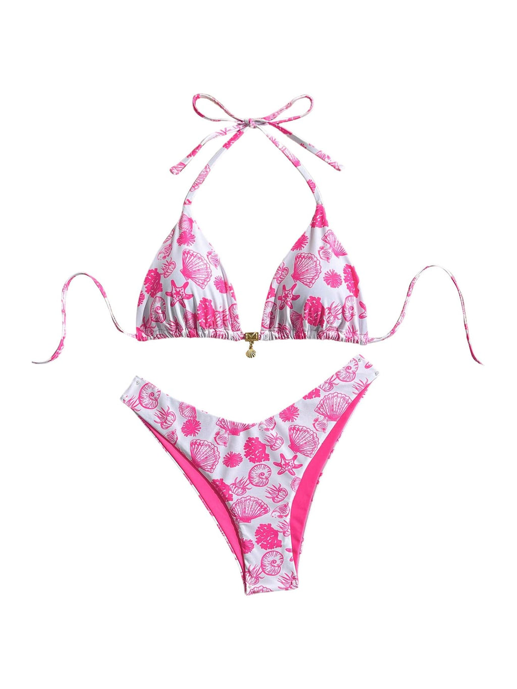 WDIRARA Women's 2 Piece Bikini Set Seashell Halter Triangle String Swimsuit High Cut Bathing Suit Pink X-Small