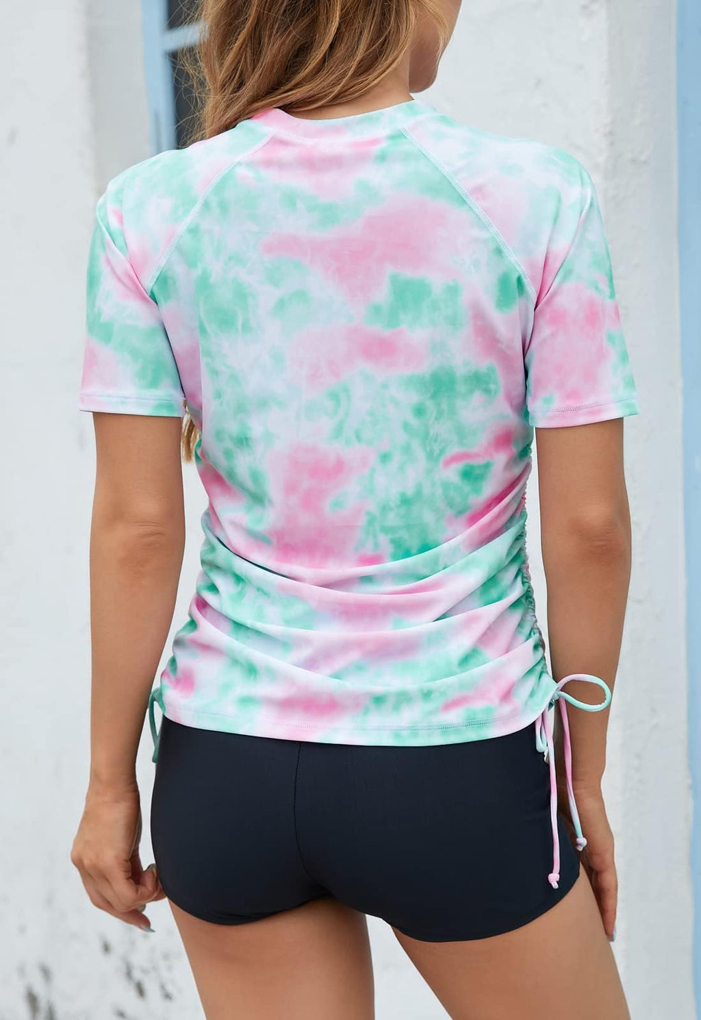 Halcurt Women's Half Zip Short Sleeve Rash Guard Swim Shirt with Tie Drawstring UPF50+ Swimsuit Top Abstract Pink Turquoise L