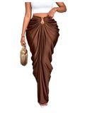 WDIRARA Women's Ruched Bodycon Maxi Skirt Cocktail Party High Waisted Long Fishtail Skirts Coffee Brown Large