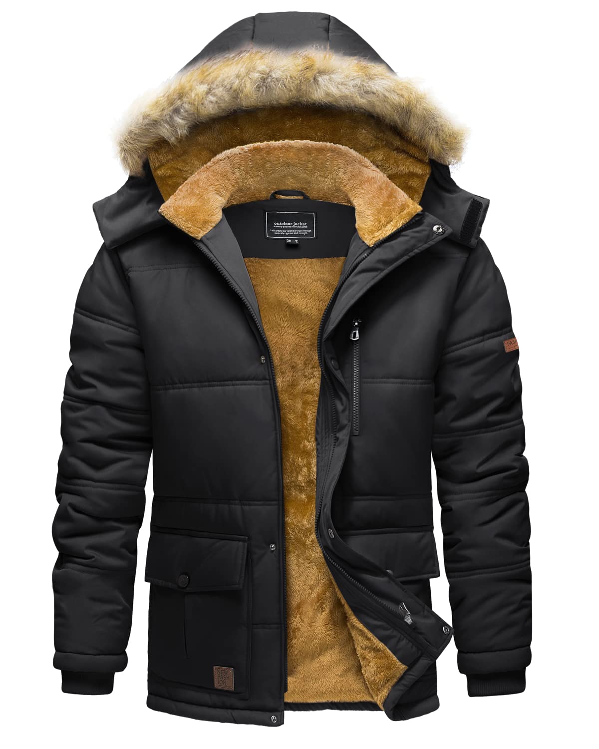 TACVASEN Winter Jackets for Men Coat with Hood Water Repellent Windbreaker Warm Fleece Hiking Jacket Black