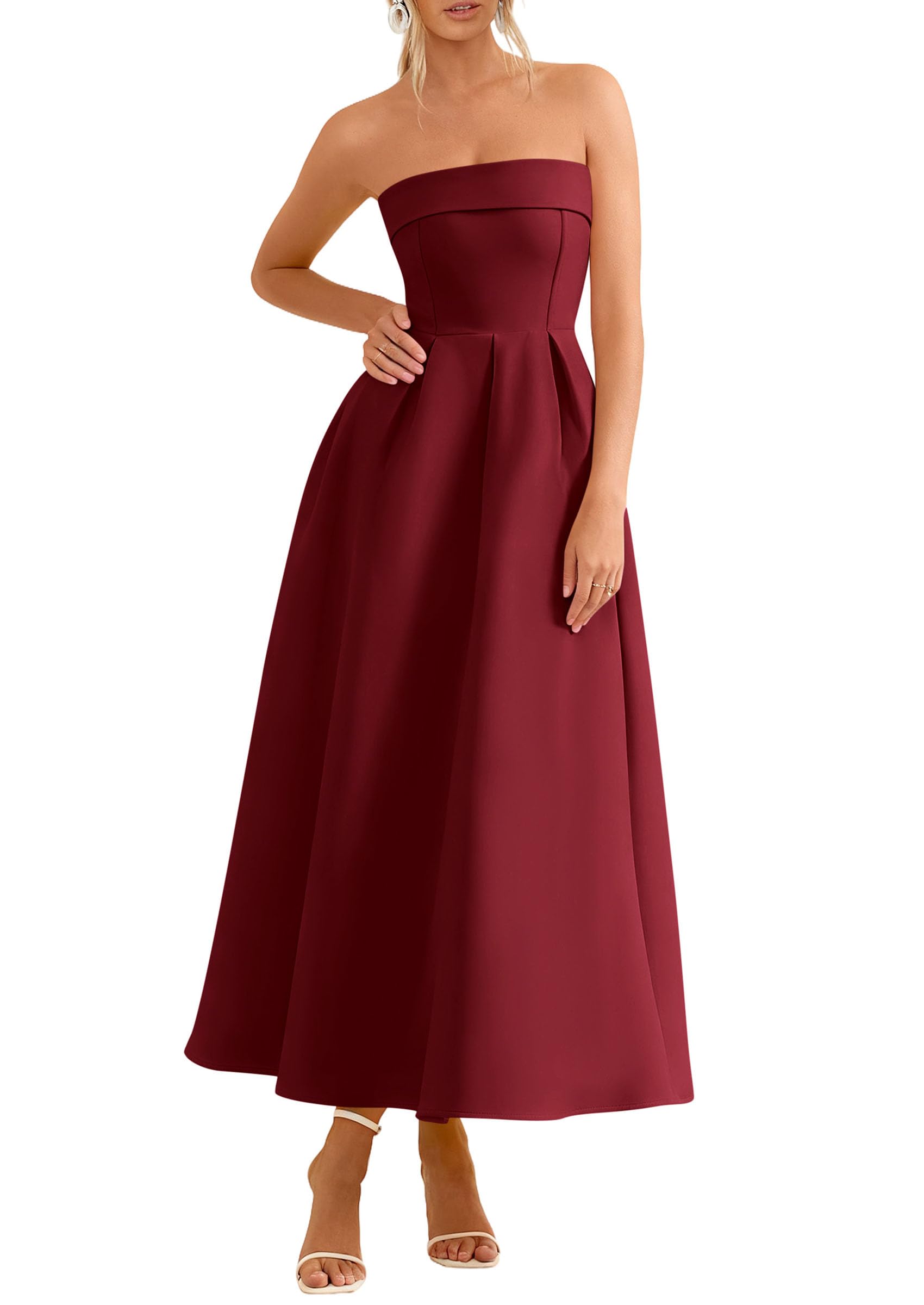 PRETTYGARDEN Cocktail Dresses for Women 2026 Summer Formal Elegant Tube Top Strapless Spring Wedding Guest Party Midi Dress(Burgundy,Medium)