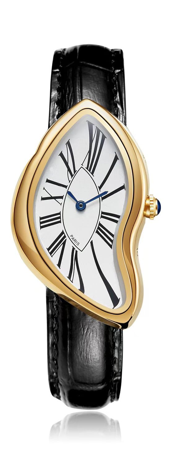 Gosasa Creative Melting Luxury Men's Watch Stylish Analog Quartz Wristwatch with Genuine Leather Strap, Roman Numeral Dial, Waterproof, Business Casual Dress Watch (Gold)
