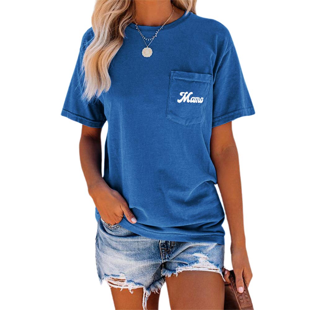 NIUBIA Women's Letter Print Basic Crew Neck Tee Summer Short Sleeve T-Shirt with Pockets Loose Fitting Tops Blue