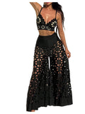 WDIRARA Women's 3 Piece Swimsuit Hollow Out Bikini Set with Cover Up Pants Black X-Large