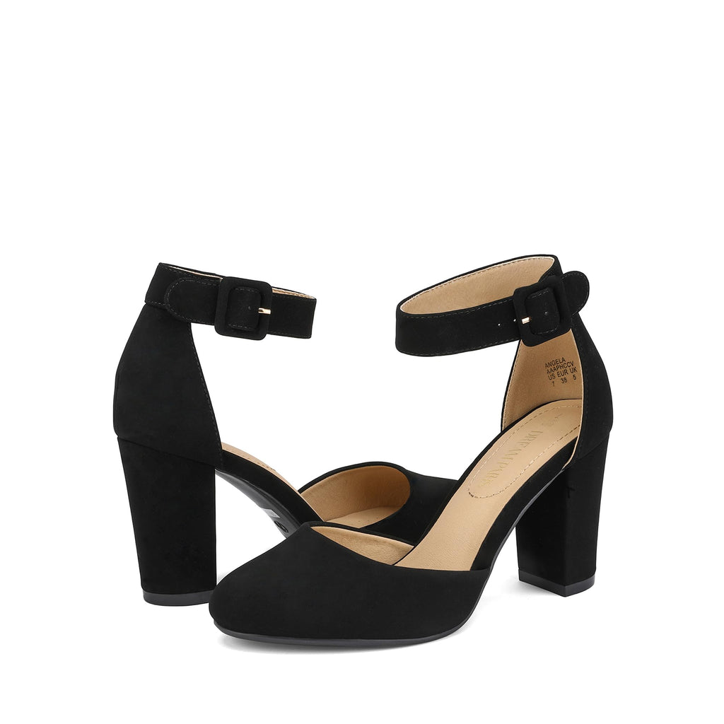DREAM PAIRS Women's High Heel Ankle Strap Closed Toe Chunky Wedding Party Pumps Shoes,Size 7.5,Black/Nubuck,Angela