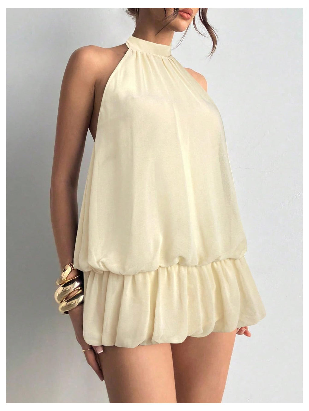 Floerns Women's Y2k Summer Halter Dress Tie Open Back Sleeveless Ruffle Hem Bubble Going Out Mini Dresses Apricot Small