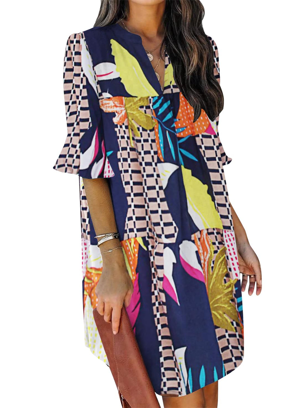 QACOHU 2026 Dress for Womens Summer Tunic V Neck Casual Loose Flowy Swing Shift Dress Geometry L