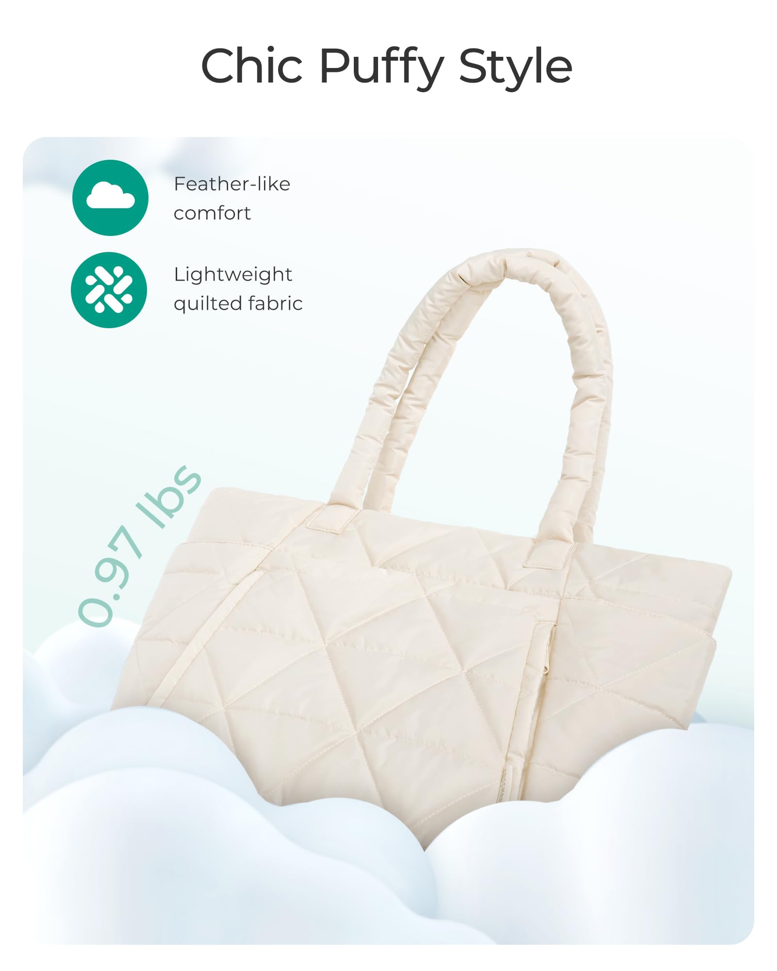 BAGSMART Tote Bag for Women, Puffy Tote Bag with Zipper, Large Quilted Shoulder Bag with Compartments for Travel, Work, Gym (Beige)