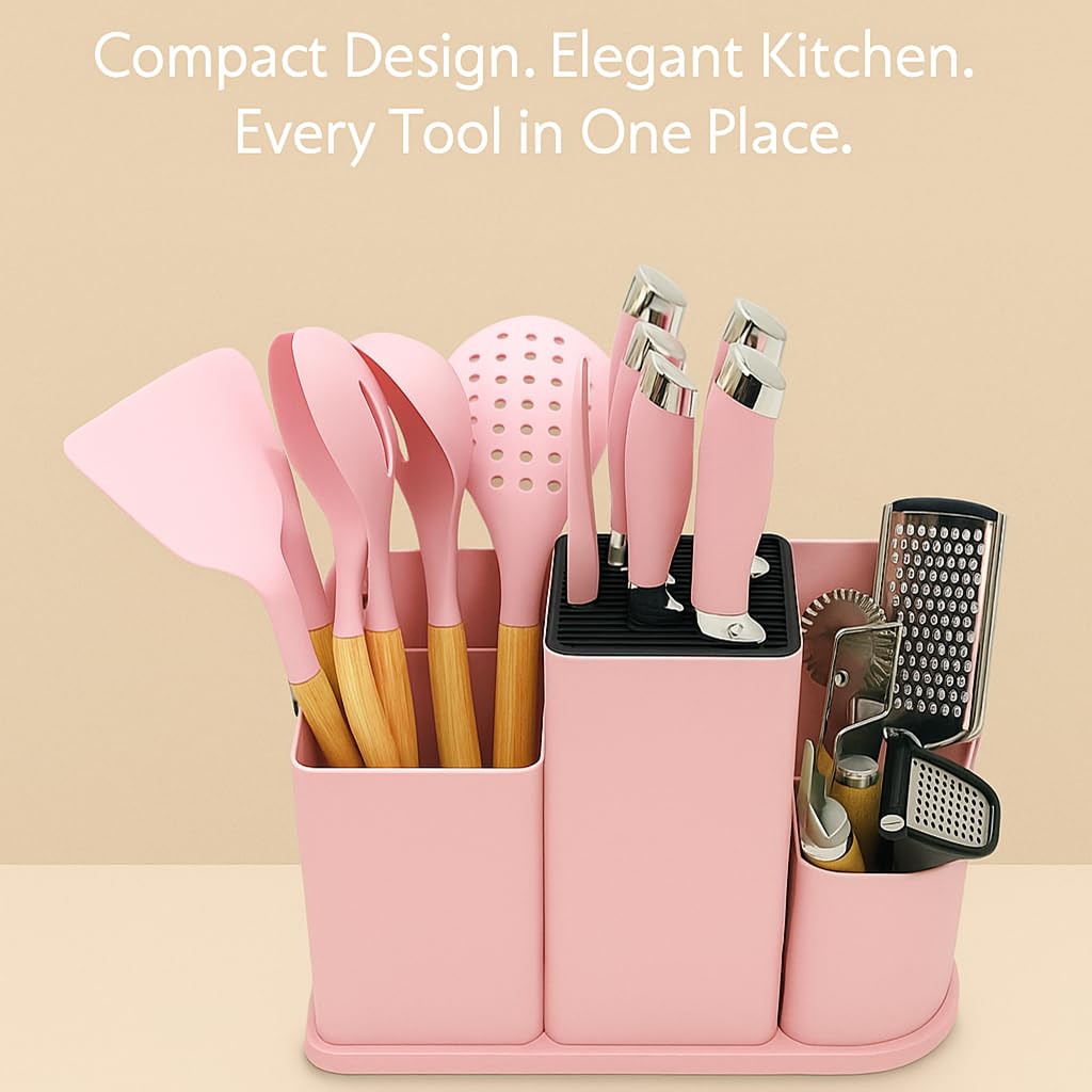 DANFFI 20-Piece Pink Kitchen Utensil Set – Silicone Cooking Tools with Wooden Handles, Knife & Scissor Set, Cutting Board, Grater & More – Non-Stick, BPA-Free Kitchen Gift Set