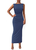PRETTYGARDEN Women's 2026 Summer Semi Formal Midi Dresses Sleeveless Ruched Bodycon Long Elegant Cocktail Wedding Guest Dress (Dark Blue,Large)