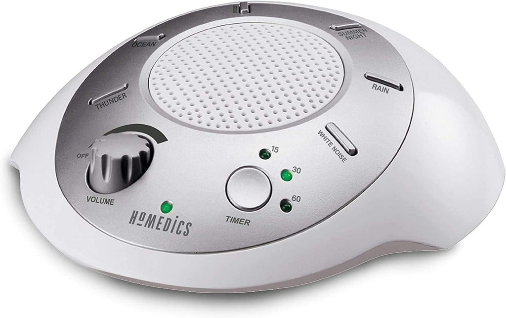 Homedics SoundSleep White Noise Machine, Silver, Small Travel Device with 6 Relaxing Nature Sounds, Portable Therapy for Home, Office, Nursery, Auto-Off Timer