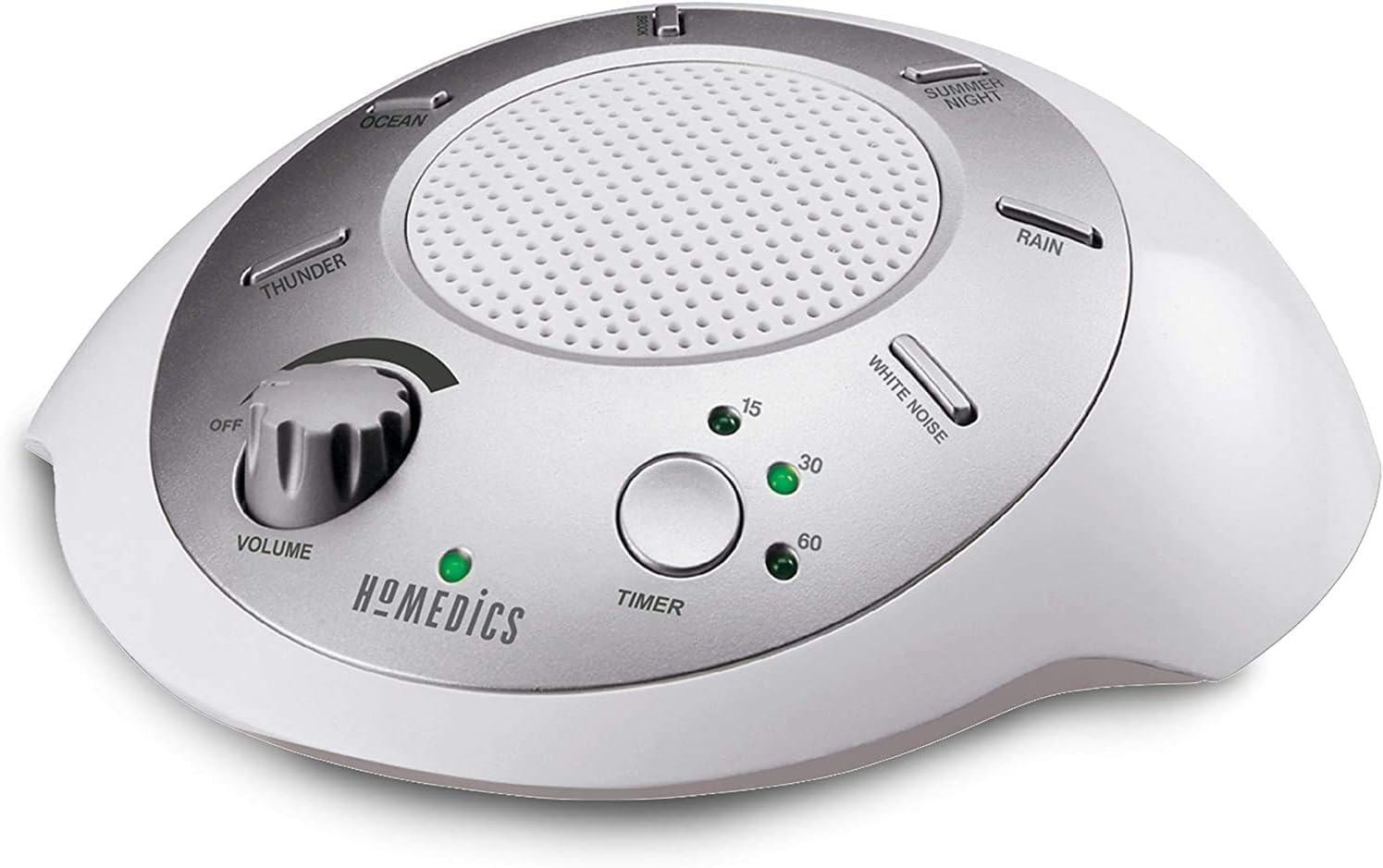 Homedics SoundSleep White Noise Machine, Silver, Small Travel Device with 6 Relaxing Nature Sounds, Portable Therapy for Home, Office, Nursery, Auto-Off Timer