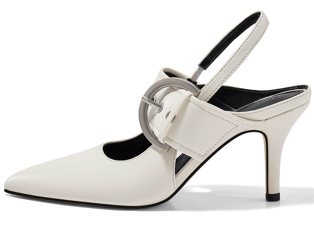 Coutgo Womens Slingback Pumps Closed Pointed Toe High Heels Belt Buckle Strap Dressy Work Shoes, Beige, Size 8.5