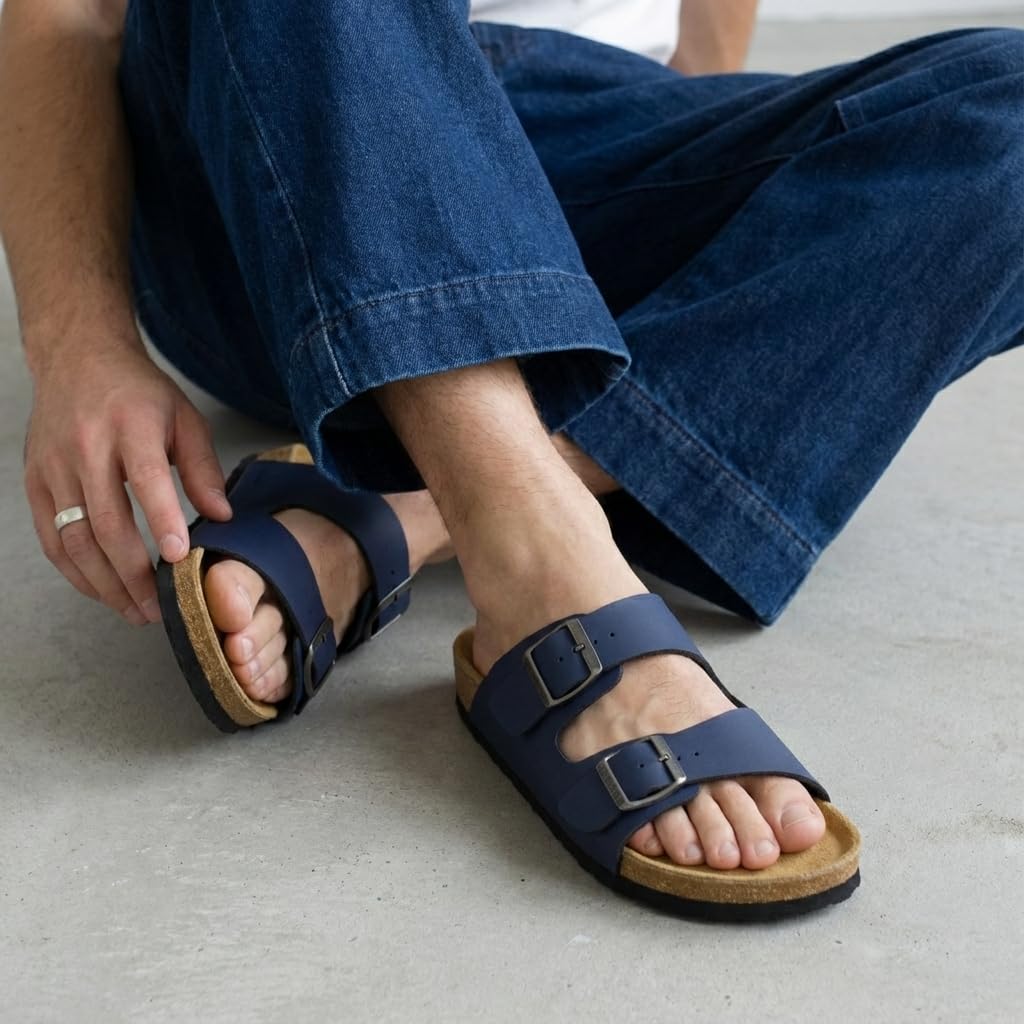 CUSHIONAIRE Lane Cork Footbed Mens Sandals, Adjustable Buckle Comfort Slides for Men, Genuine Leather Insole Summer Sandals Men Footwear, NAVY 8
