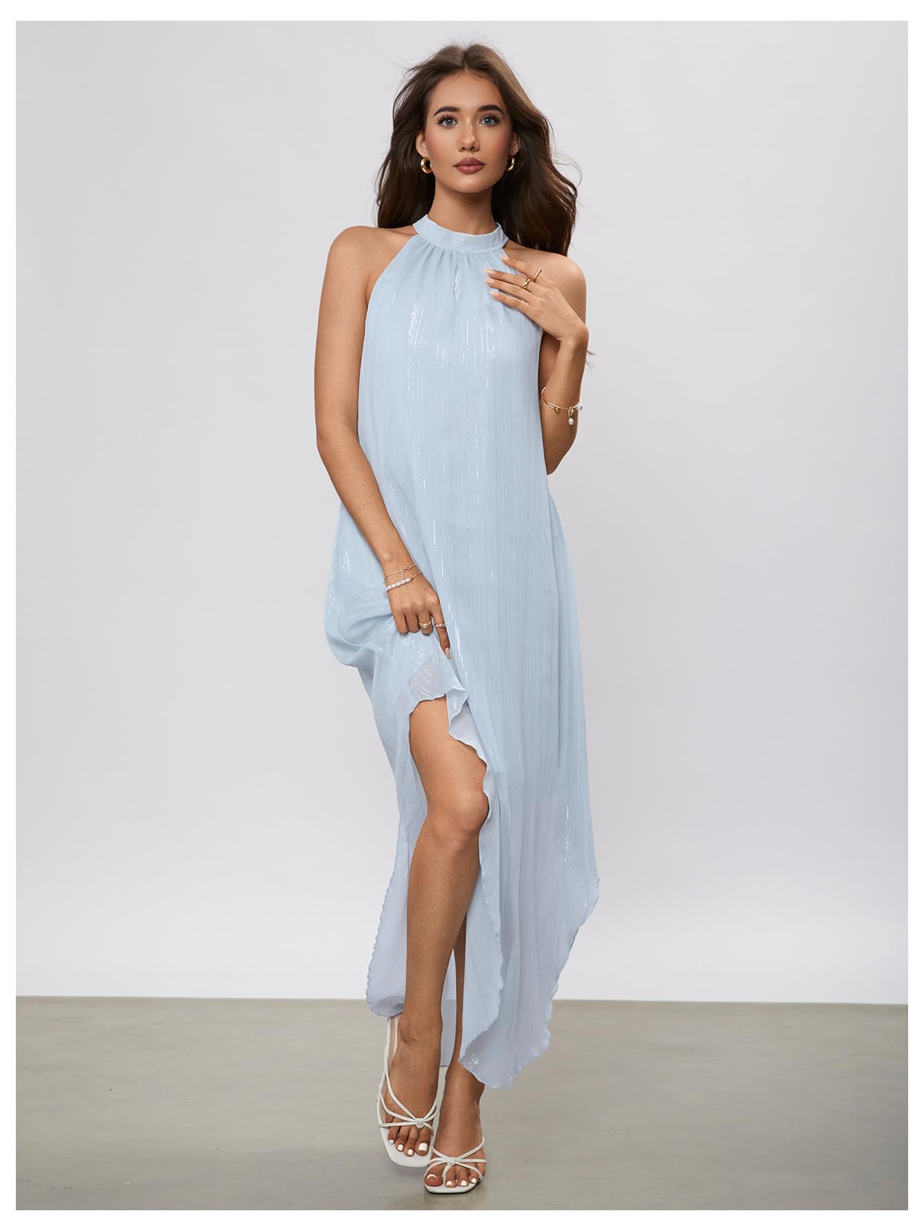 Verdusa Women's Wedding Guest Dress Halter Flowy Chiffon Asymmetrical Long Summer Prom Dress Sequin Light Blue X-Large