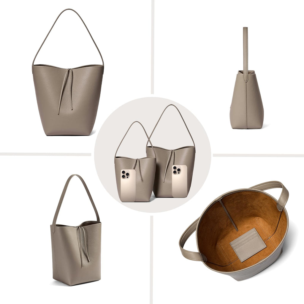 Genuine Leather Bucket Bag with Credit Card Holder Wallet, First Layer Pebble-grained Calfskin Tote Bag, Leather Handbag with Cotton Insert Pocket (Gray, Medium)