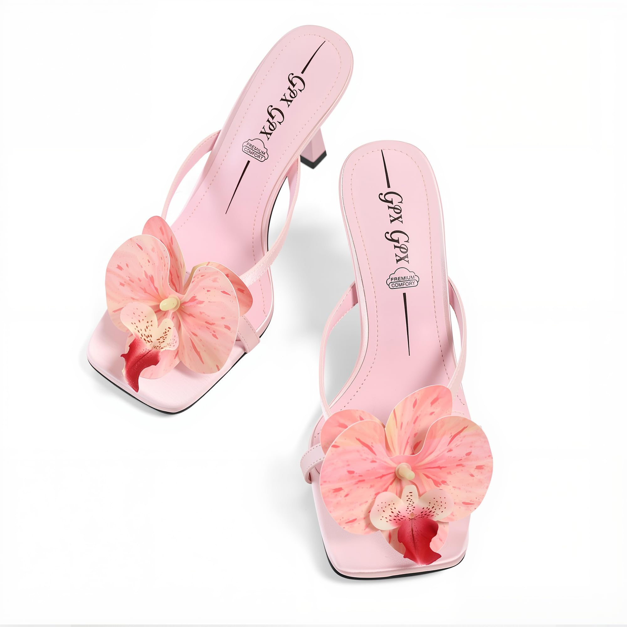 GPXGPX Women's Pink Flower Kitten Heels Slide Sandals Comfortable Slip On Open Toe Summer Weddings Parties Beach Floral Heels Sandals