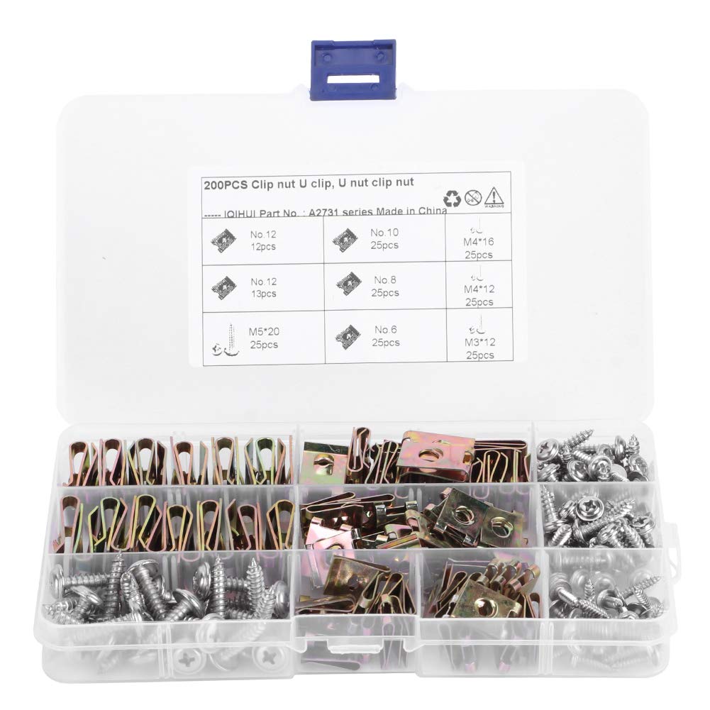 Automotive Screws and Clips, 100PCS Car U‑Clips Nuts 6/8/10/12 Assortment Interior Trim Fasteners with Stainless Steel Screws for Dash Door Panel Interior