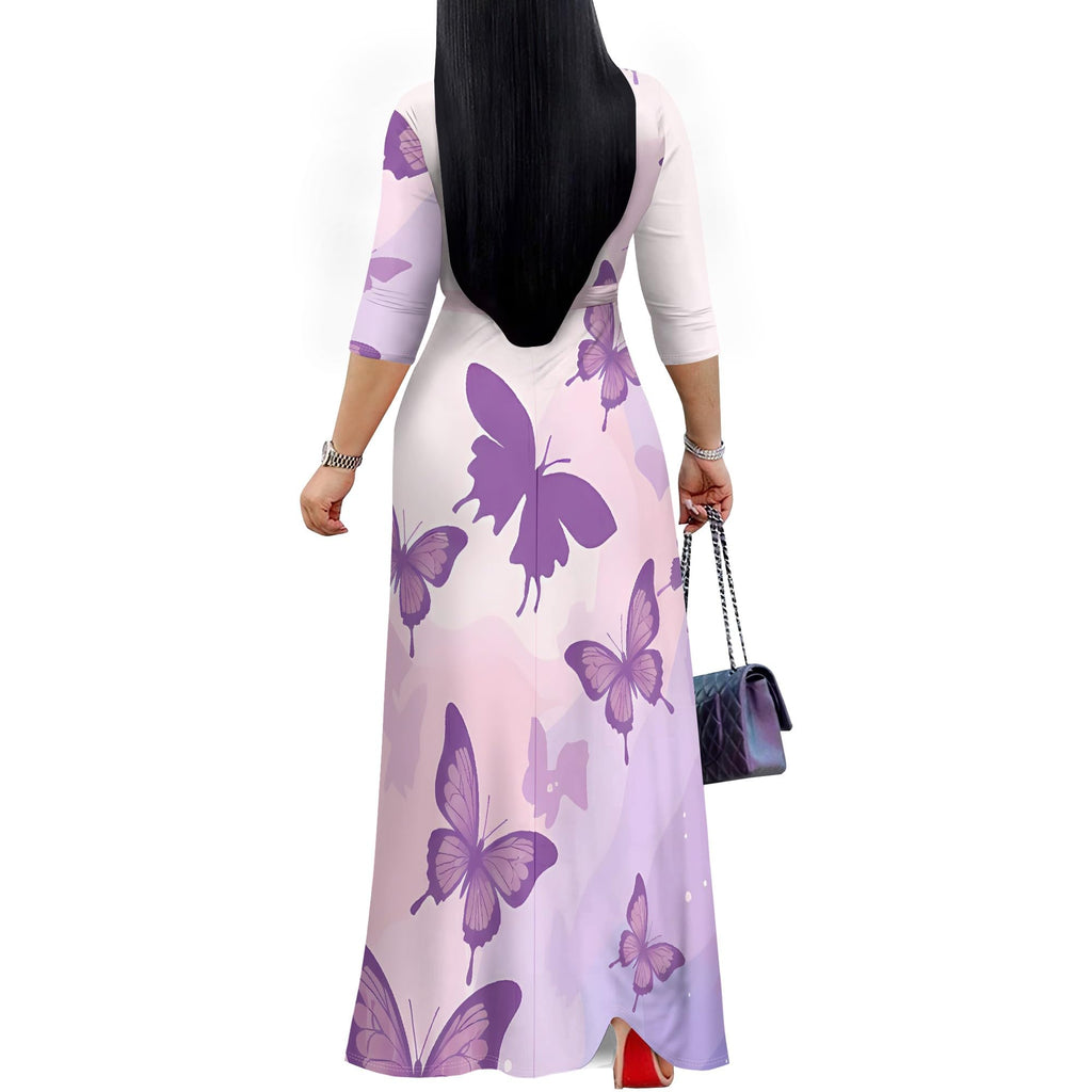 PinkPatty Plus Size Maxi Dress for Women 3/4 Sleeve V Neck Long Dress Casual Party Sundress with Belt (A-Purple Butterfly 2XL)