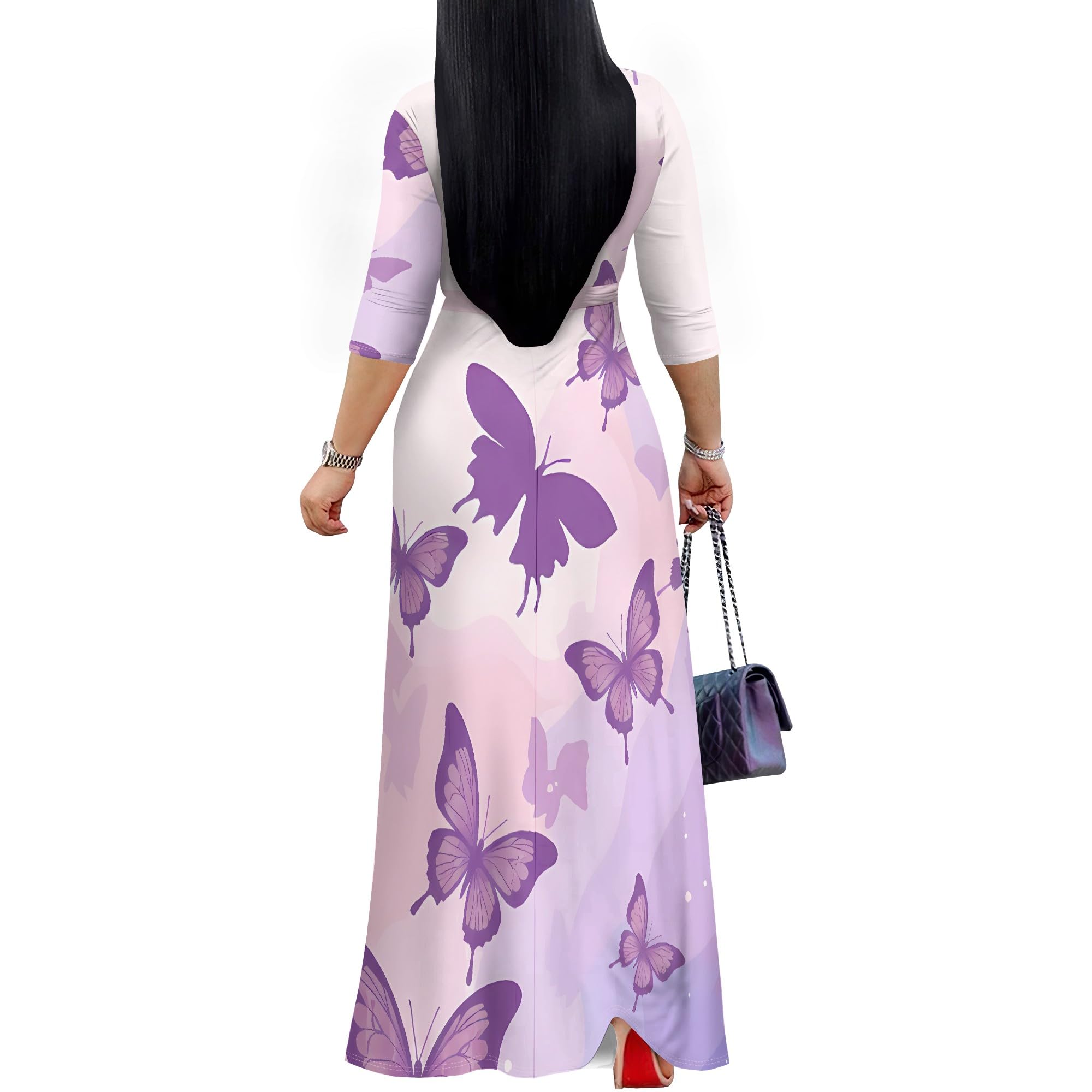 PinkPatty Plus Size Maxi Dress for Women 3/4 Sleeve V Neck Long Dress Casual Party Sundress with Belt (A-Purple Butterfly 2XL)