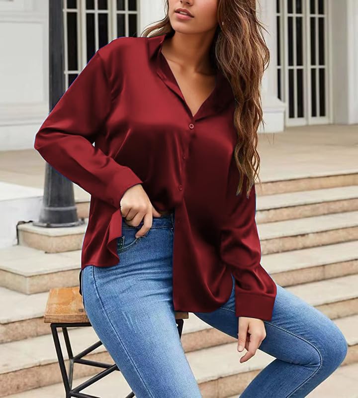 Damipow Satin Silk Button Down Shirts for Women Dress Shirts Long Sleeve Blouses Womens Shirt,Burgundy,M