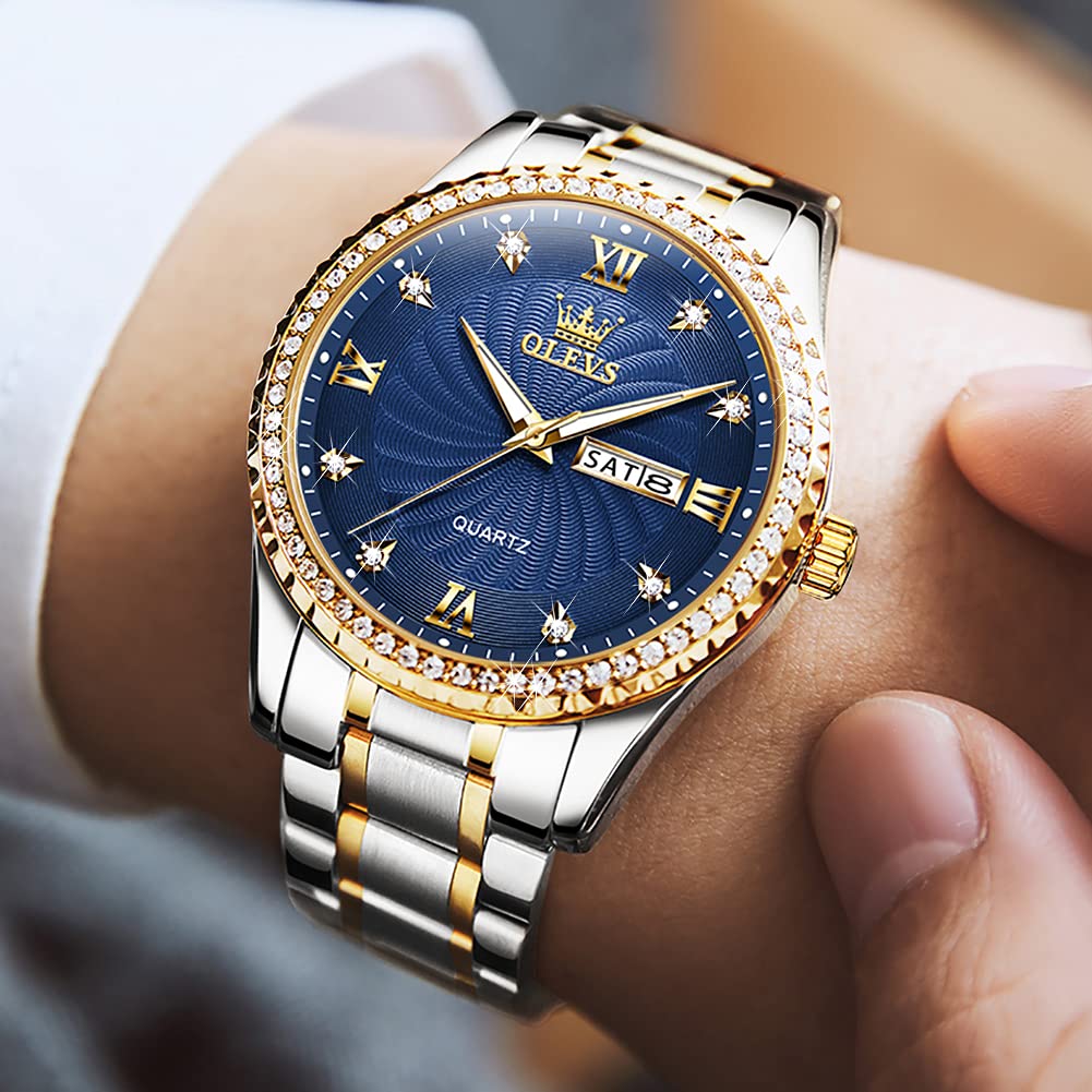 OLEVS Mens Watch Blue Business Diamond Waterproof Watches for Men Casual Dress Stainless Steel Two Tone Male Wrist Watch