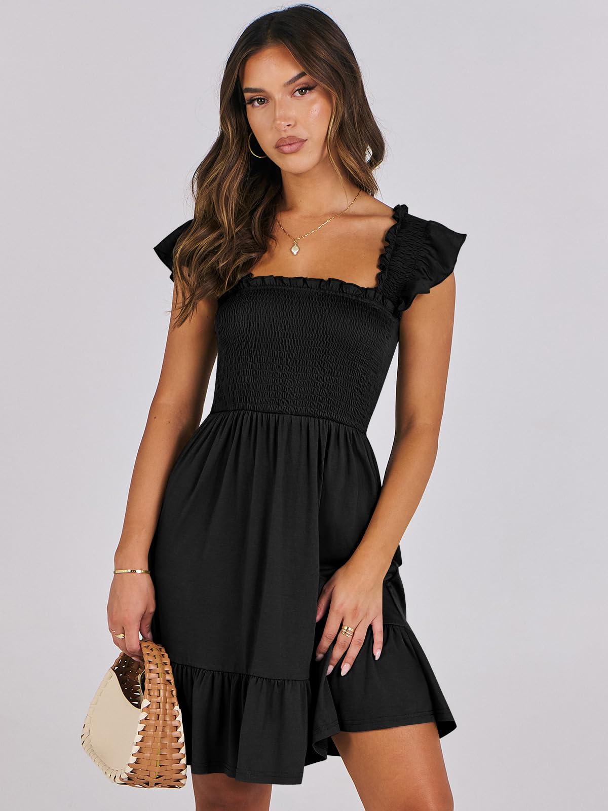 ANRABESS Women's Summer Casual Sleeveless Square Neck Dress 2025 Smocked Ruffle Backless Boho Beach Cute Teen Short Sundress Black Medium