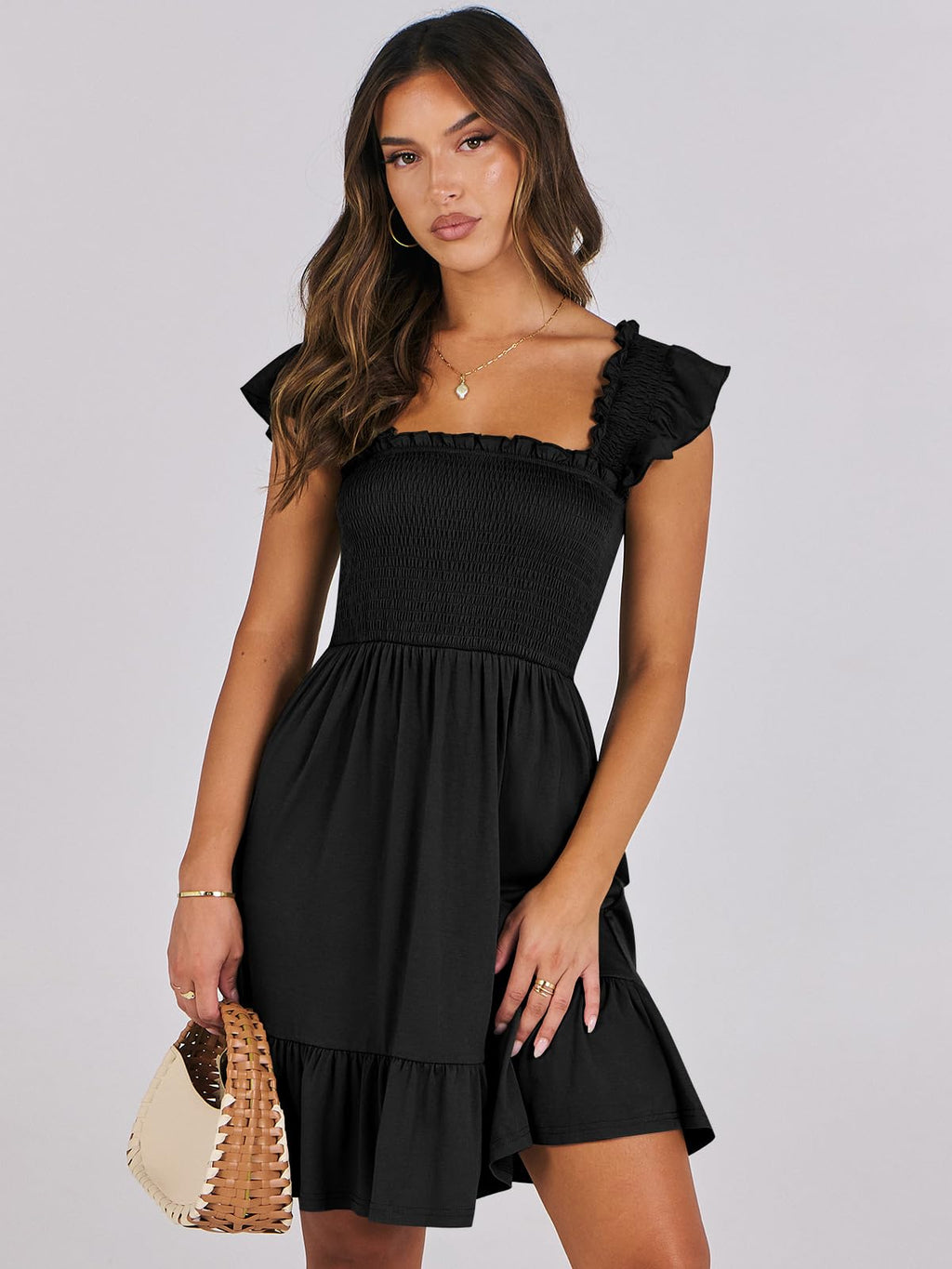 ANRABESS Women's Summer Casual Sleeveless Square Neck Dress 2026 Smocked Ruffle Backless Boho Beach Cute Teen Short Sundress Black Large