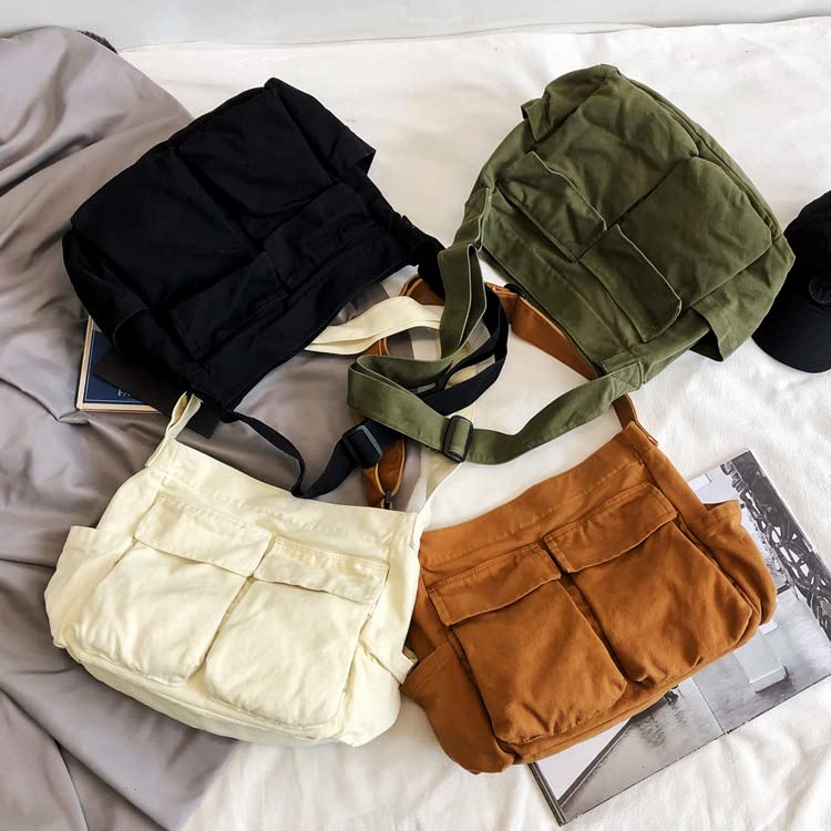 GAXOS Aesthetic Cute Messenger Bag for School Vintage Brown Canvas Crossbody for Women Shoulder Laptop Bag