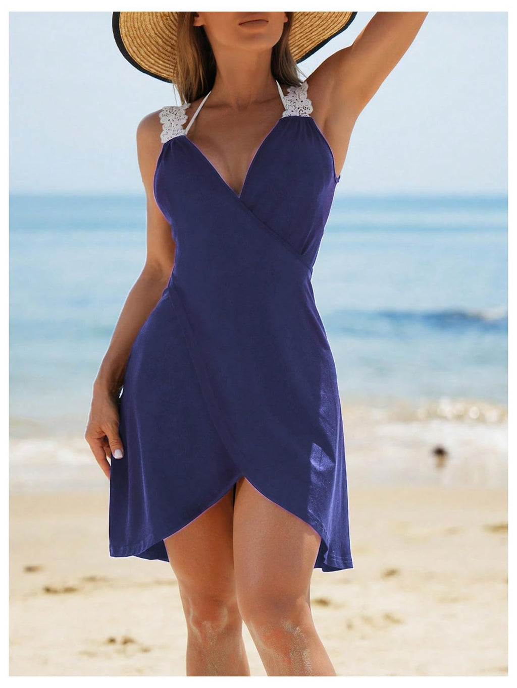 WDIRARA Women's Swimwear Wrap V Neck Criss Cross Tie Backless Cover Up Contrast Lace Sleeveless Halter Beach Dress Plain Deep Blue XX-Large