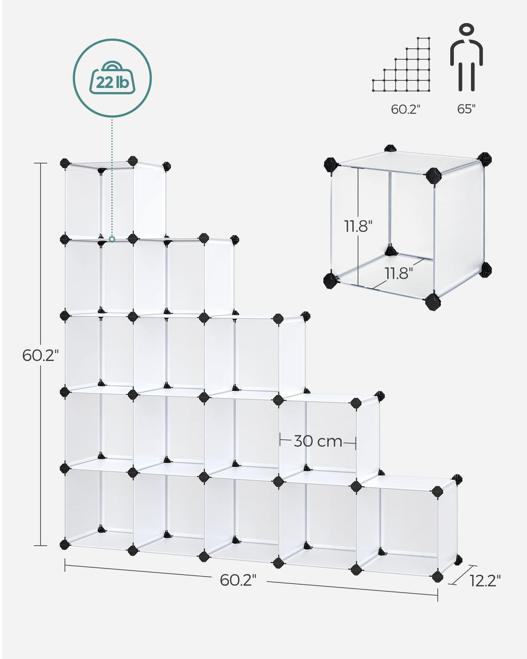 SONGMICS Cube Storage Organizer, Set of 16 Plastic Cubes, Book Shelf, Closet Organizers and Storage, Room Organization, Bedroom Living Room, 12.2 x 48.4 x 48.4 Inches, White ULPC44L