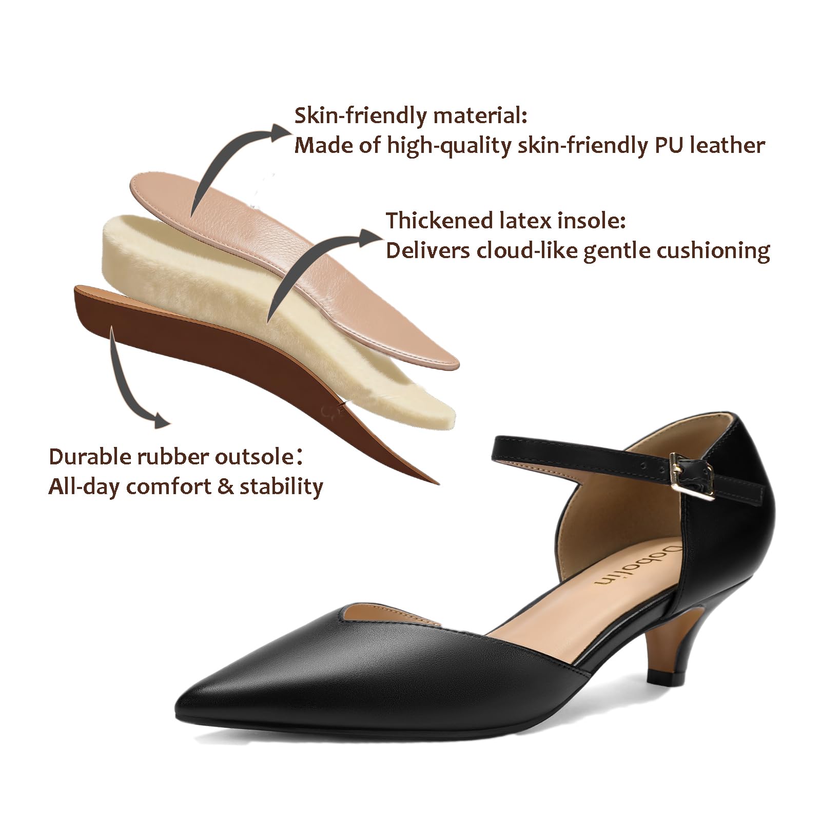DOBOLIN Comfort Kitten Heels Pumps for Women Low Heels Ankle Strap Elegant Pointed Closed Toe Dress Dance Shoes for Party Wedding, Size 6 Black