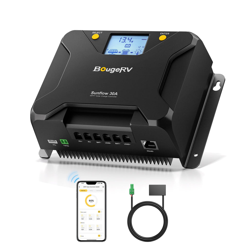 BougeRV MPPT Solar Charge Controller 30A, w/ Low-Temp Cut-Off, APP Control, Backlit LCD, 30 Amp Solar Panel Regulator 12V/24V for LiFePO4, SLD, Gel, FLD, AGM Battery, RV, Marine, Upgraded