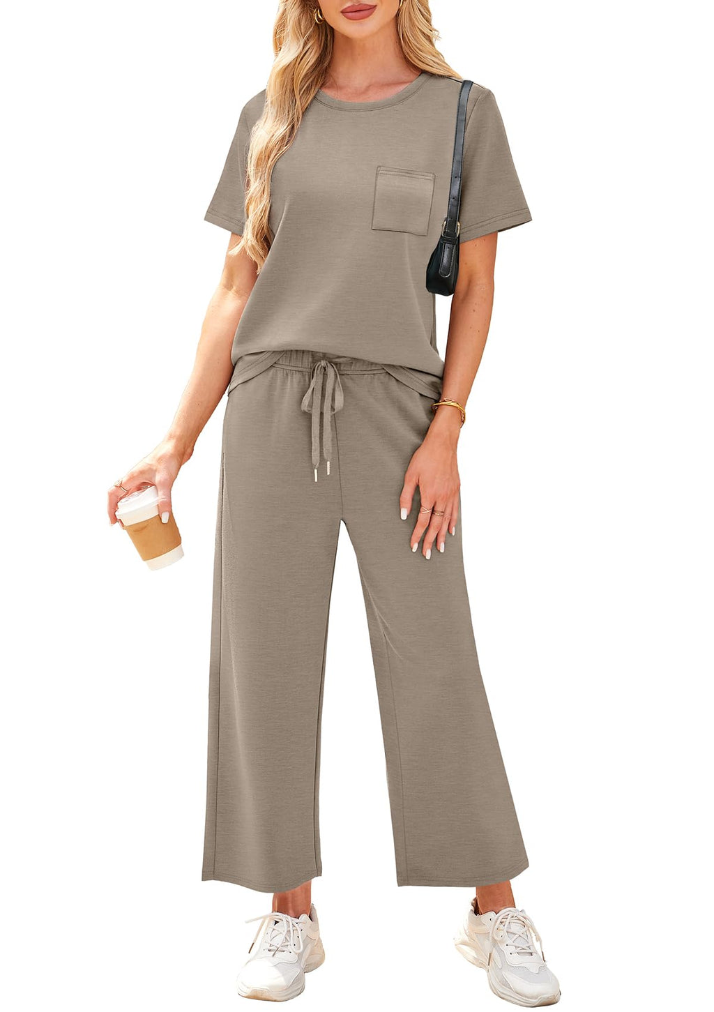 WIHOLL Summer Outfits for Women 2026 Resort Wear Matching Sets Women Clothing 2 Piece Holiday Beach Vacation Travel Airport Outfit Teacher Lounge Sets Tracksuit Coffee M