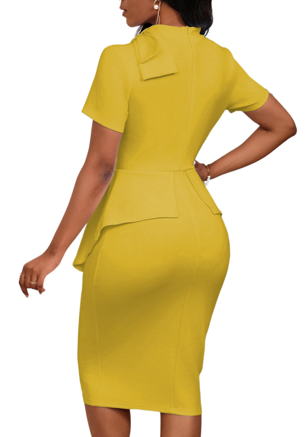 PerZeal Church Dress for Women Fashion Peplum Bodycon Short Sleeve Work Dresses Bow Club Ruffle Pencil Formal Cocktail Dress Yellow Medium