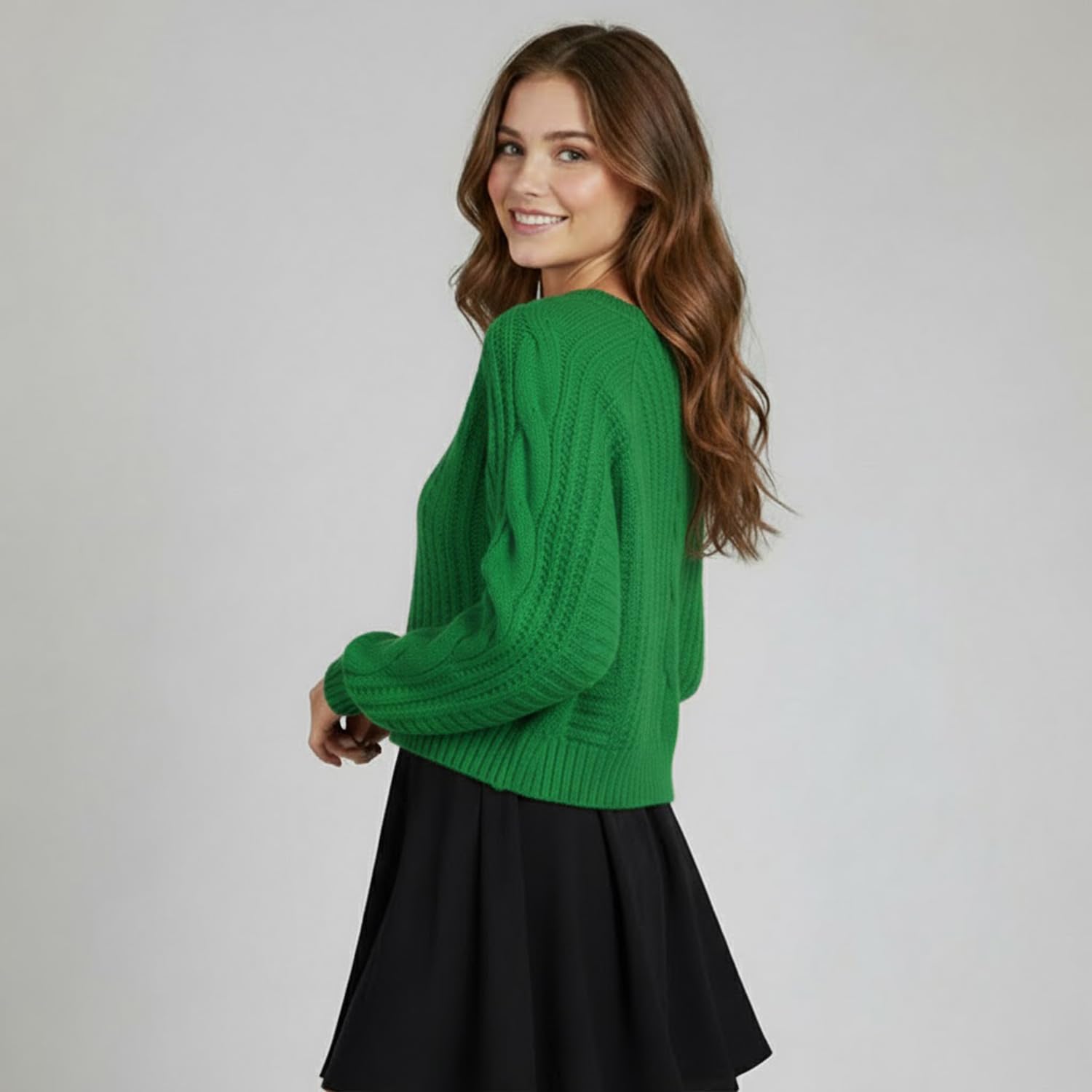Grewear Women's Cropped Cable Knit Sweater, Soft Long Sleeve Crewneck Pullover, Casual Cozy Knit Top for Fall Winter Outfits, Gift for Women Forest Green-XS