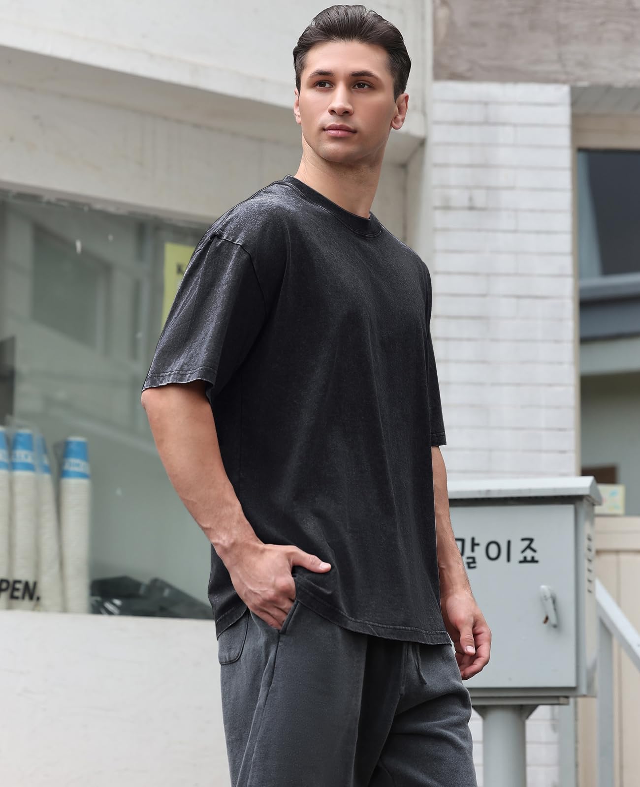 KEEPSHOWING Men's Cotton T-Shirts Oversized Unisex Short Sleeves Casual Loose Wash Solid Basic Tee Tops(A-Black XL)