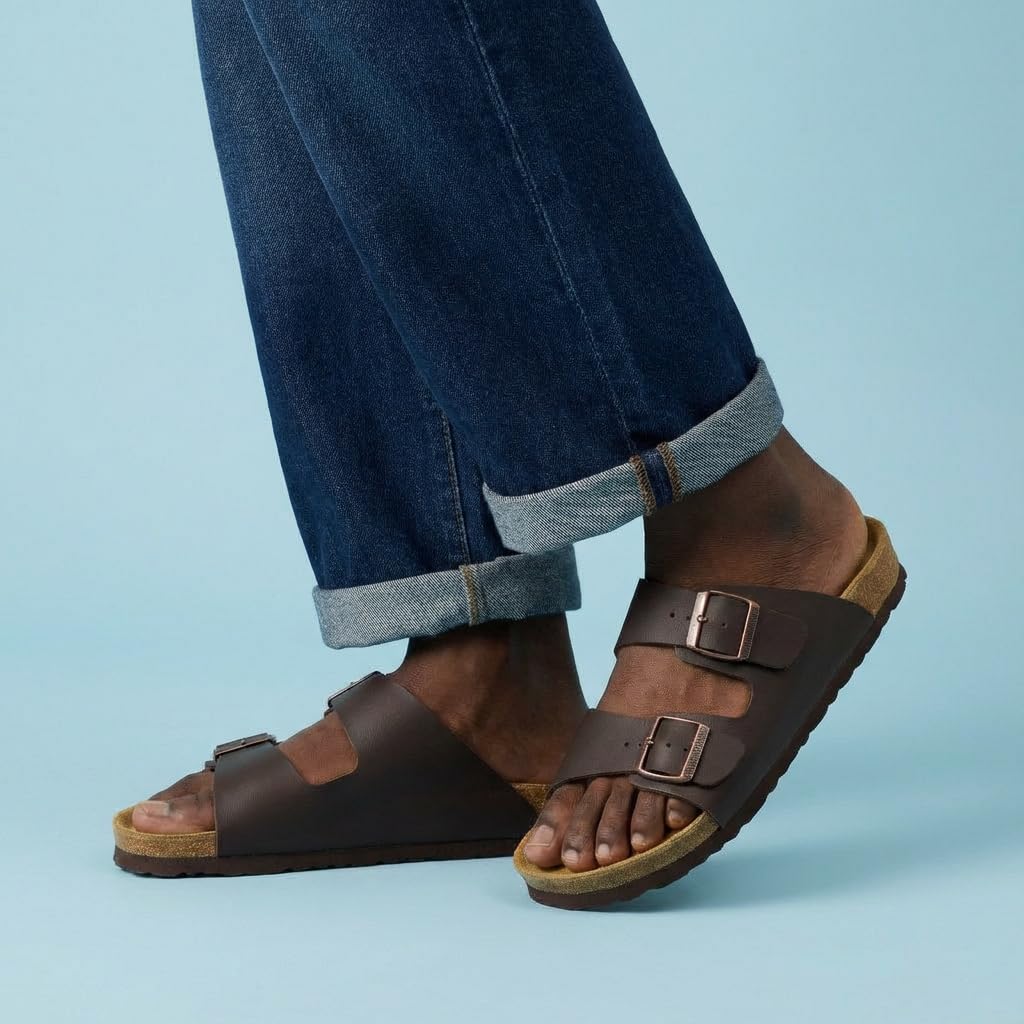 CUSHIONAIRE Lane Cork Footbed Mens Sandals, Adjustable Buckle Comfort Slides for Men, Genuine Leather Insole Summer Sandals Men Footwear, BROWN 13