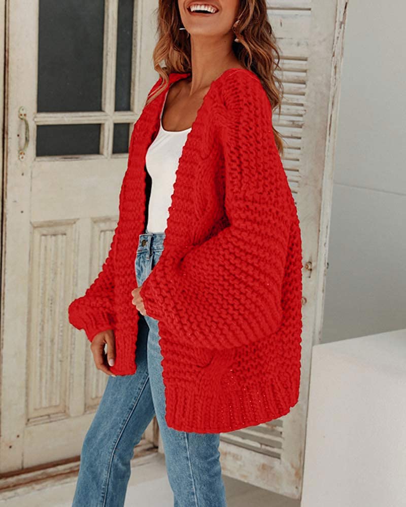 Cicy Bell Women's Open Front Chunky Knit Cardigan Loose Lantern Sleeve Oversized Sweater Coats (Red,X-Large)