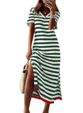 Dokotoo Long Dresses for Women Cute Maxi Short Sleeve Striped Summer Dresses for Women 2025 Loose Beach Spring Fashion Wedding Guest Dress Boho Maxi Dress Green Small