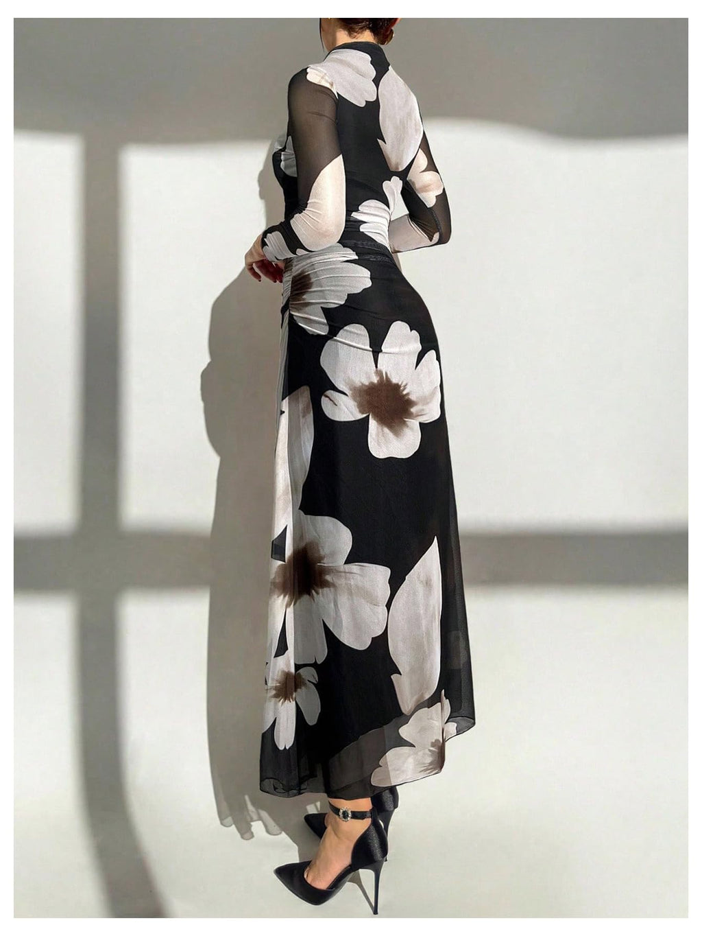 Verdusa Women's Floral Slimming Wedding Guest Dress Long Sleeve Holiday Maxi Dresses Black Khaki Large