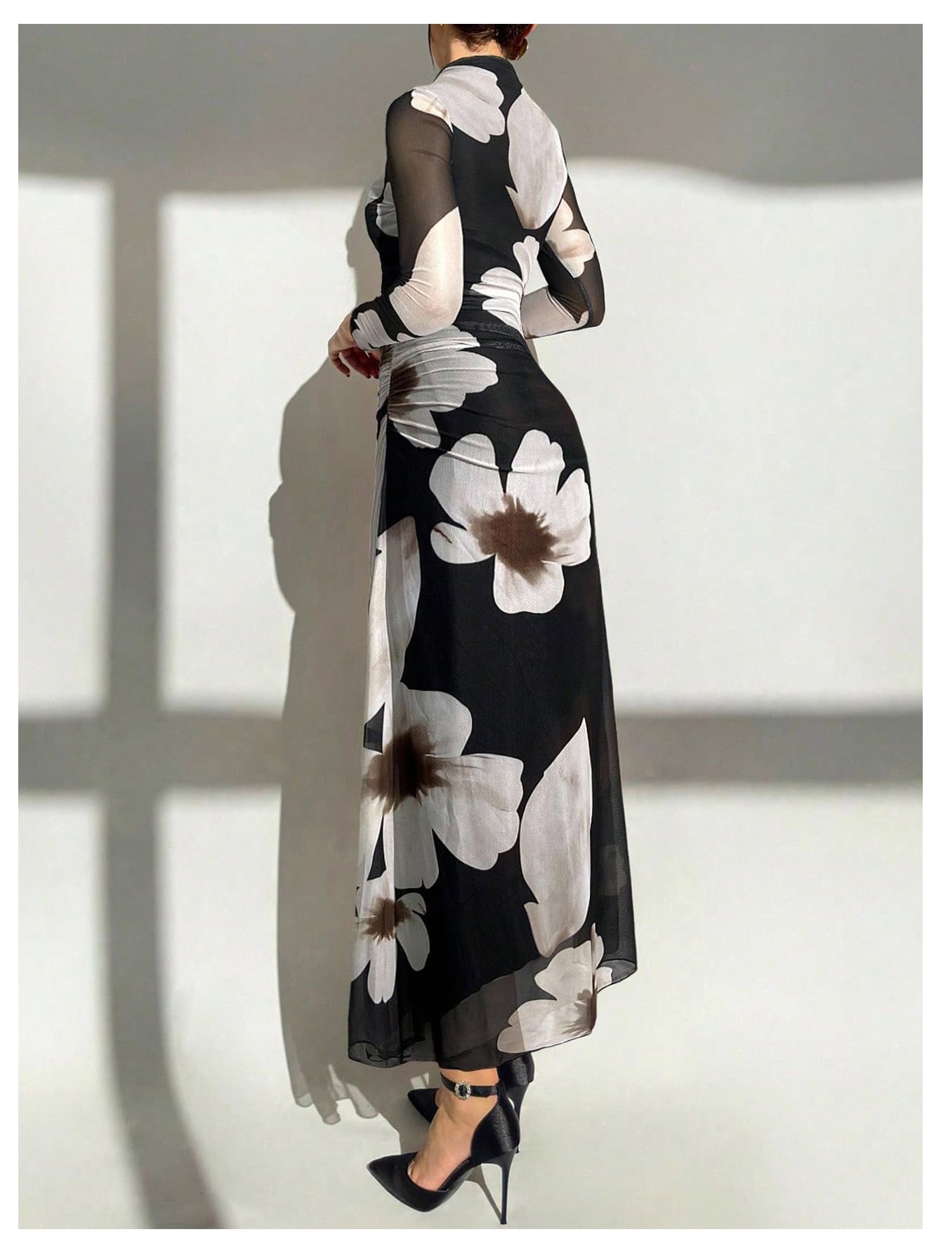 Verdusa Women's Floral Slimming Wedding Guest Dress Long Sleeve Holiday Maxi Dresses Black Khaki Large