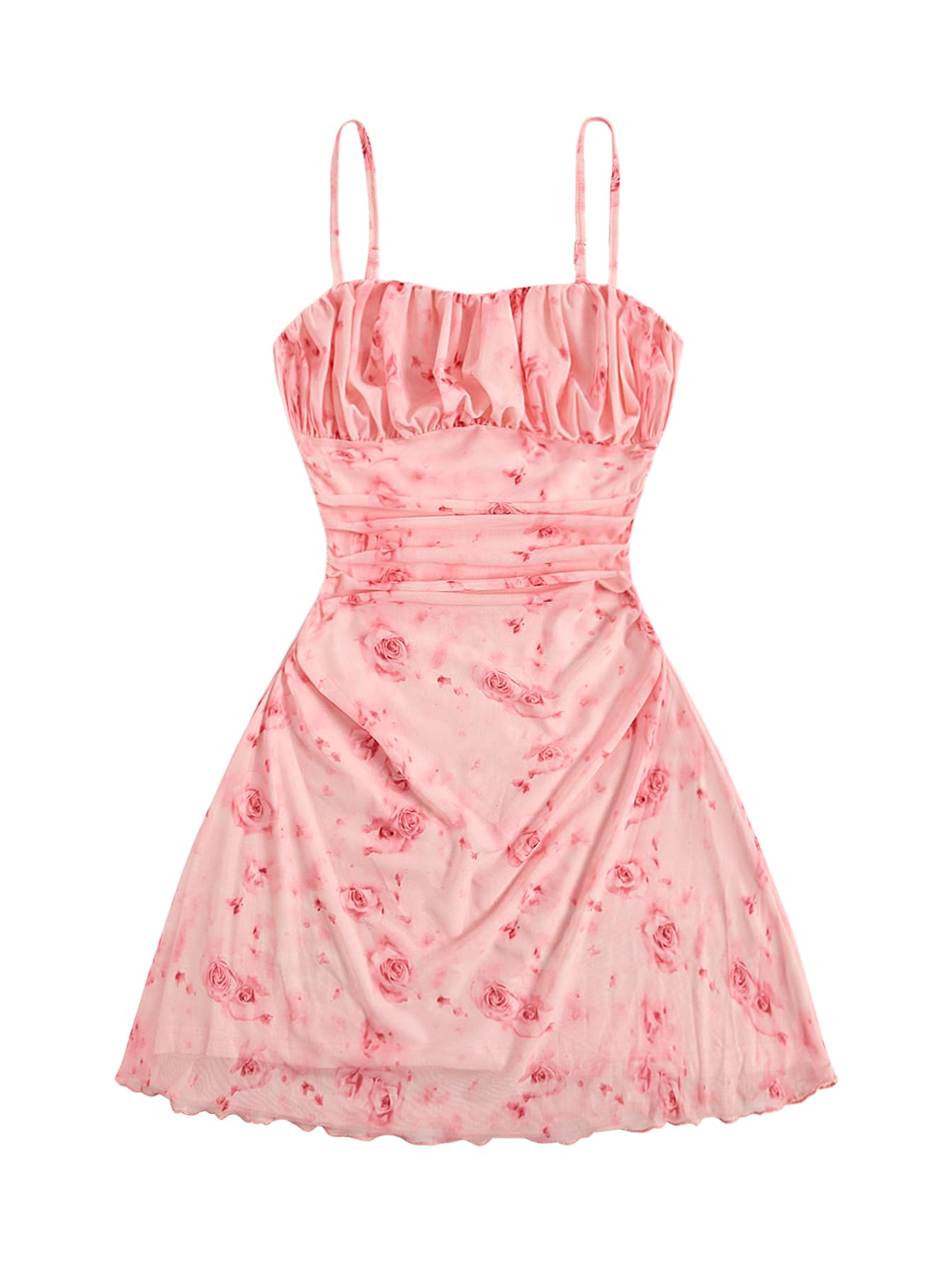 Verdusa Women's Floral Ruched Summer Cami Dress Flowy A Line Wedding Guest Mini Dresses Light Pink Small